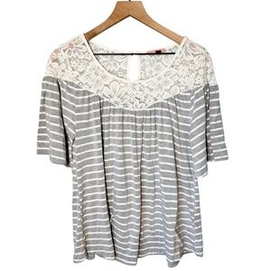 East Adeline Gray Striped Lace Front Babydoll Flutter Sleeve Top Sz 1X